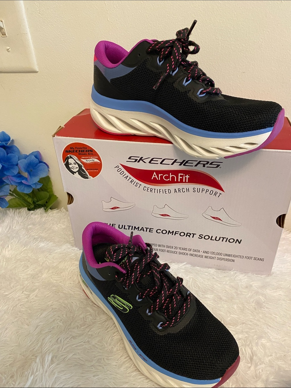 Skechers Women's Black Athletic Sneakers with Blue and Pink Accents